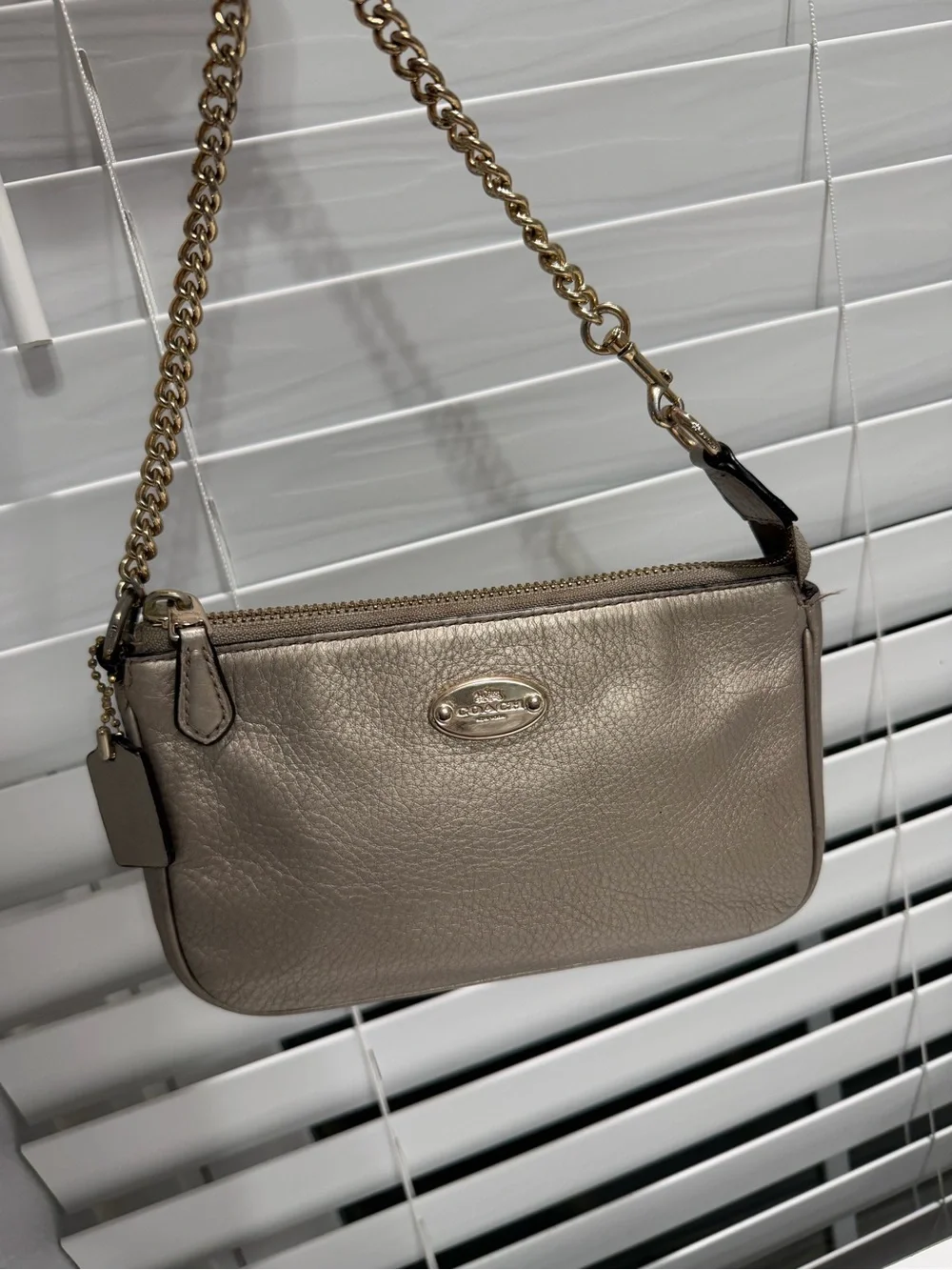 Coach Metallic Taupe Pebbled Leather Chain Wristlet